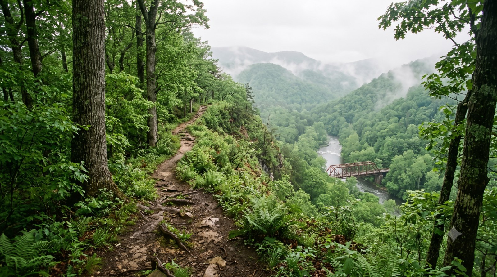 A gently rolling pine and hardwood singletrack trail with a creek crossing at Indian Springs State Park, the Bootlegger 100 course