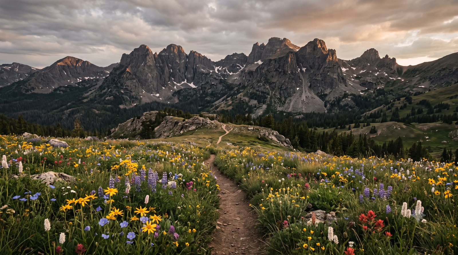 Jagged granite cliffs above a high alpine lake, the Crazy Mountain 100 course