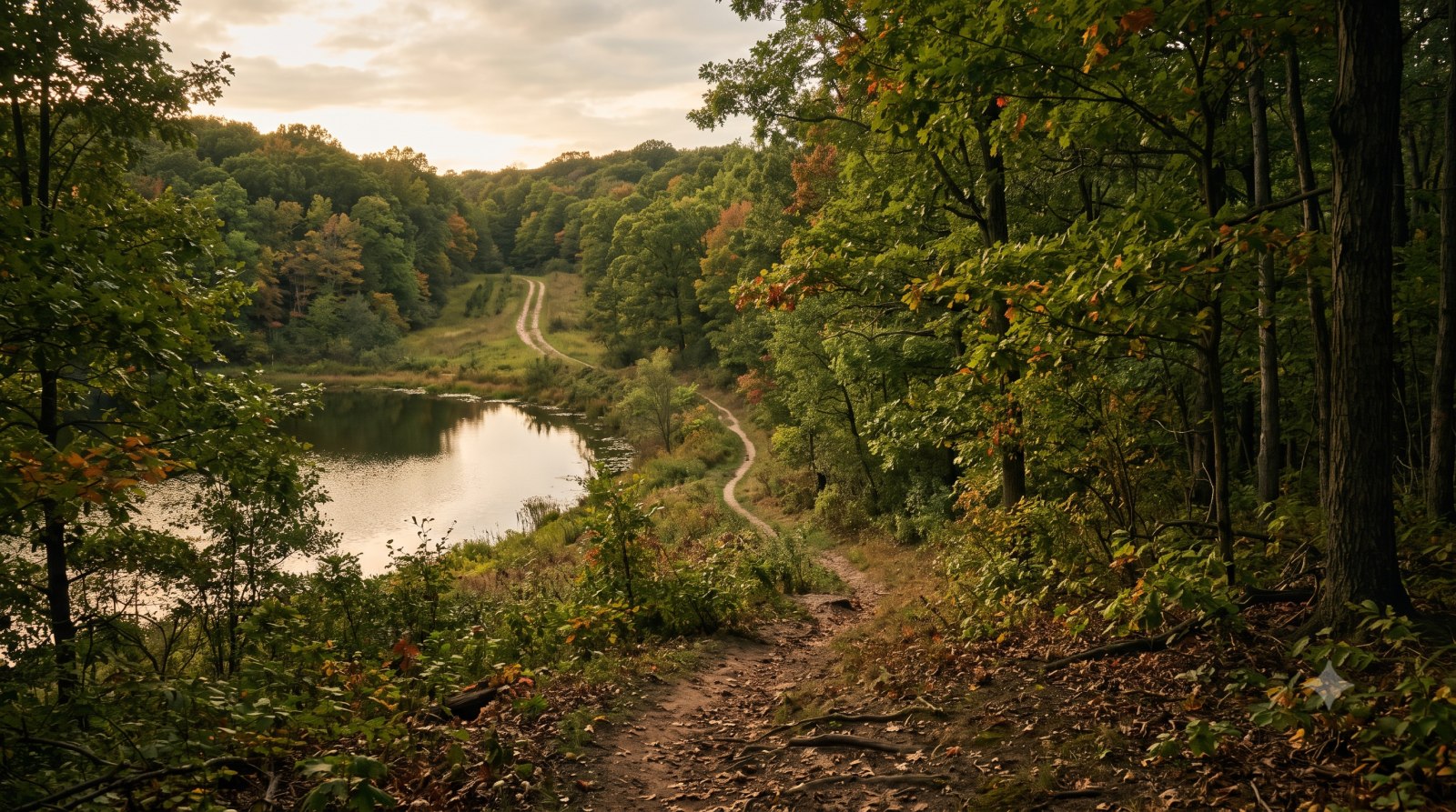 A ridgeline trail through the Chattahoochee National Forest above a historic steel bridge over the Toccoa River, the Cruel Jewel 100 course