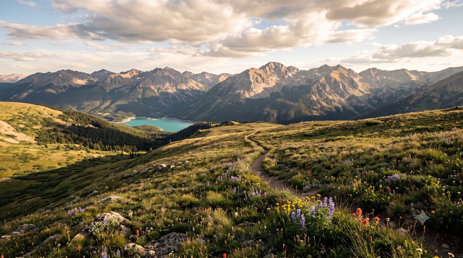An exposed high-alpine ridge trail above treeline in the Sawatch Range at sunset, the High Lonesome 100 course
