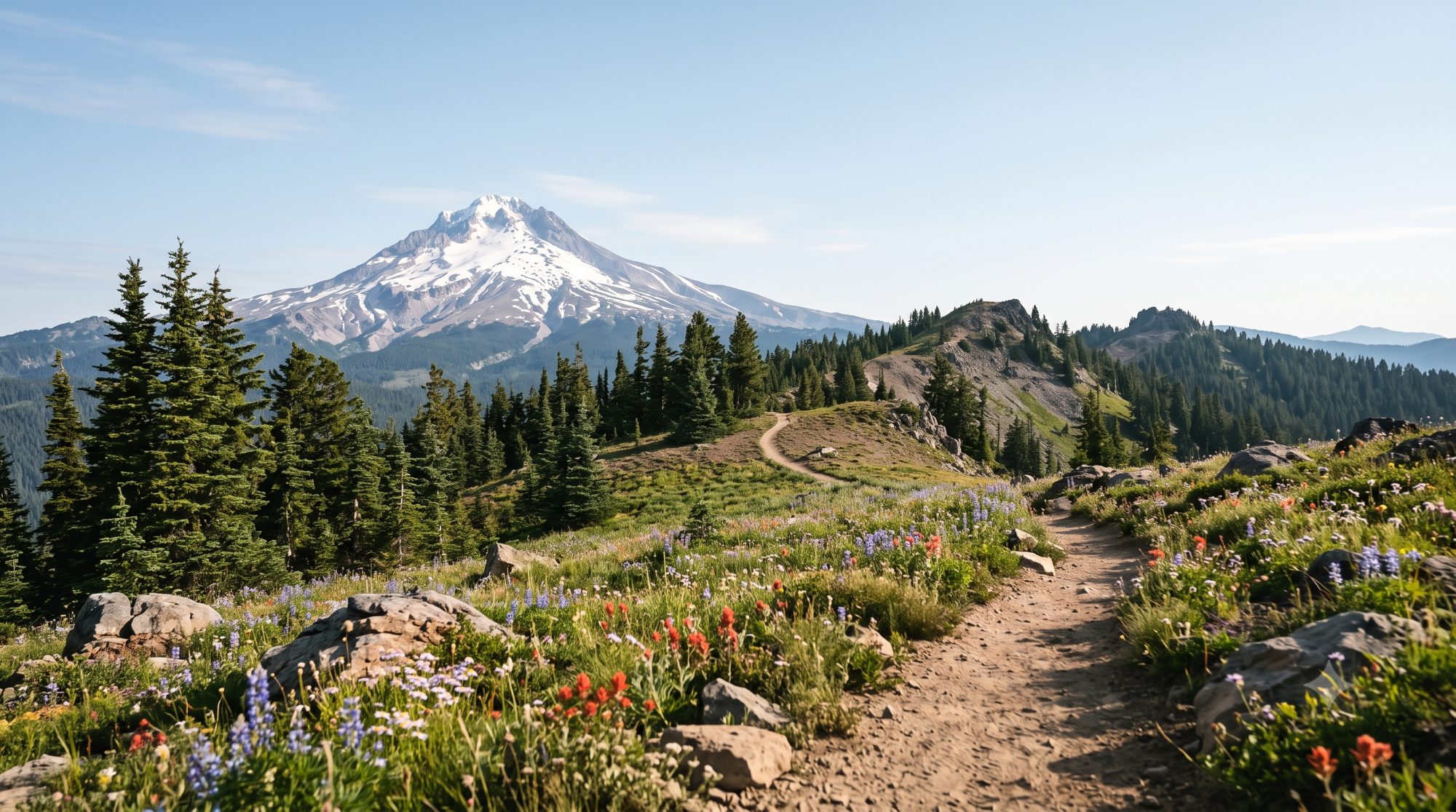 Mt. Hood volcanic peak with subalpine fir foreground, the Hood Hundred course