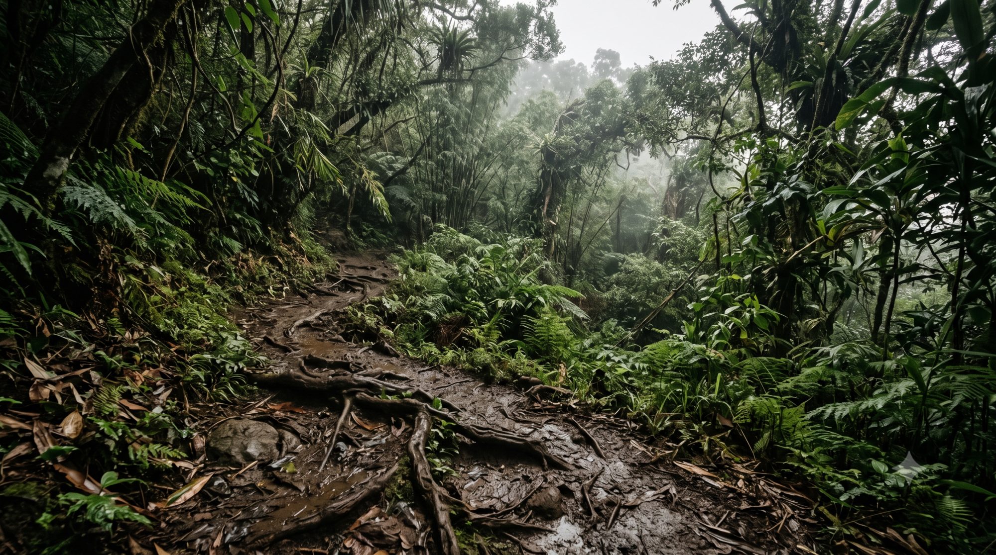 A misty root-and-mud singletrack trail through Hawaiian rainforest above Honolulu, the HURT 100 course