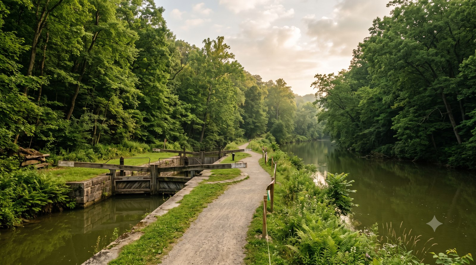 A trail descending into a hemlock gorge with a waterfall and covered bridge, the Mohican 100 course