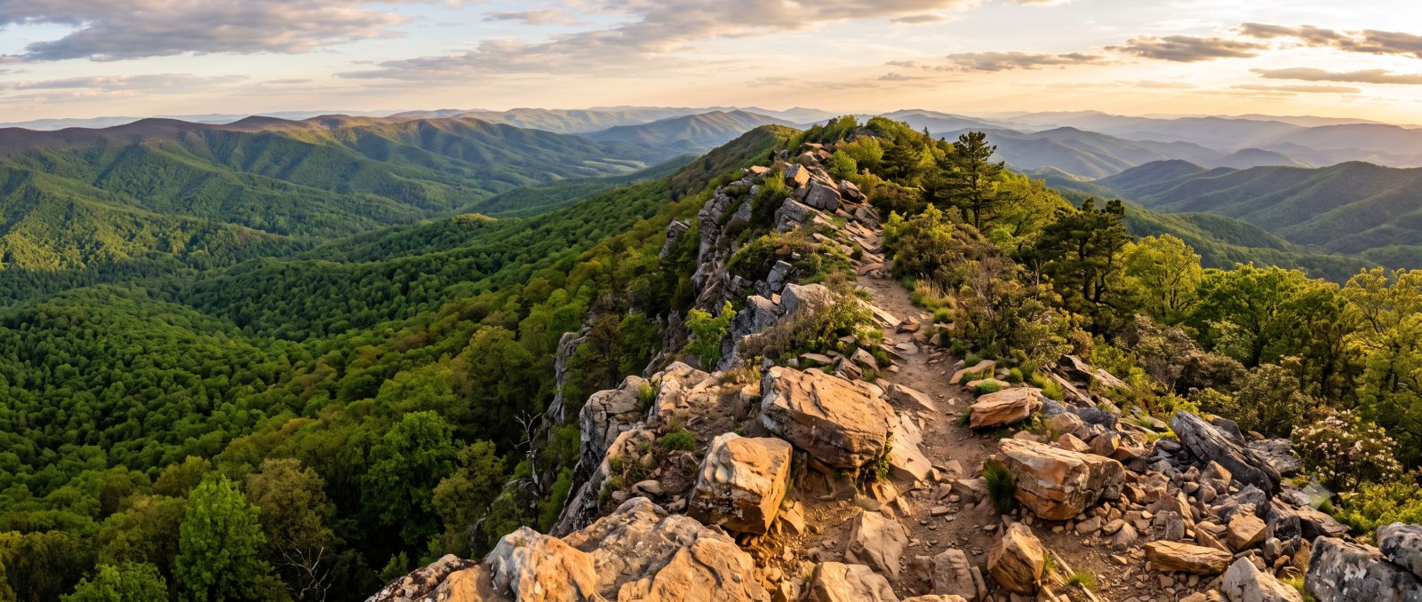 A gravel switchback trail climbing above the Shenandoah Valley past a river crossing, the Old Dominion 100 course