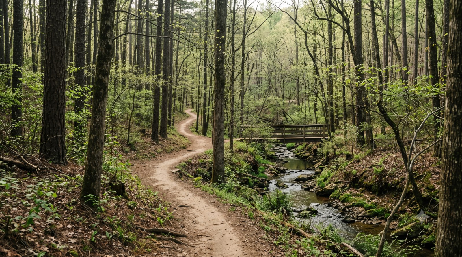 A rocky ridgeline trail through the Talladega National Forest overlooking layered Appalachian foothills, the Pinhoti 100 course