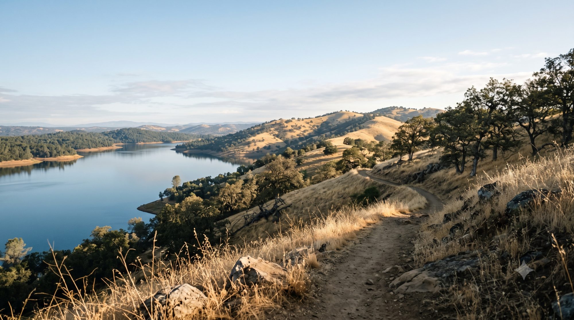 A singletrack trail above Folsom Lake at sunrise, oak-studded golden hills, the Rio Del Lago 100 course