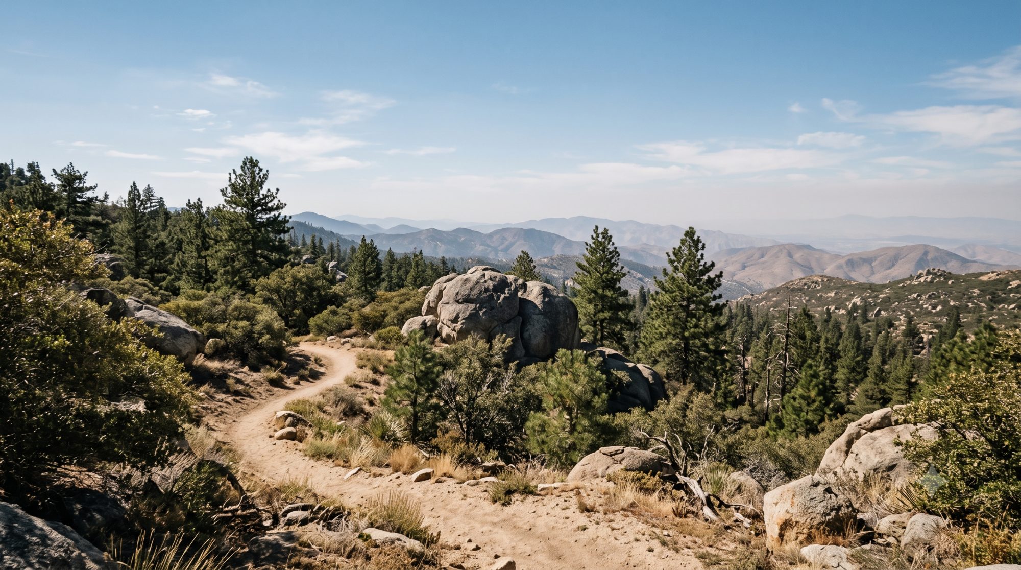 Pine and granite boulder terrain in the Cuyamaca Mountains near Julian, California, the San Diego 100 course