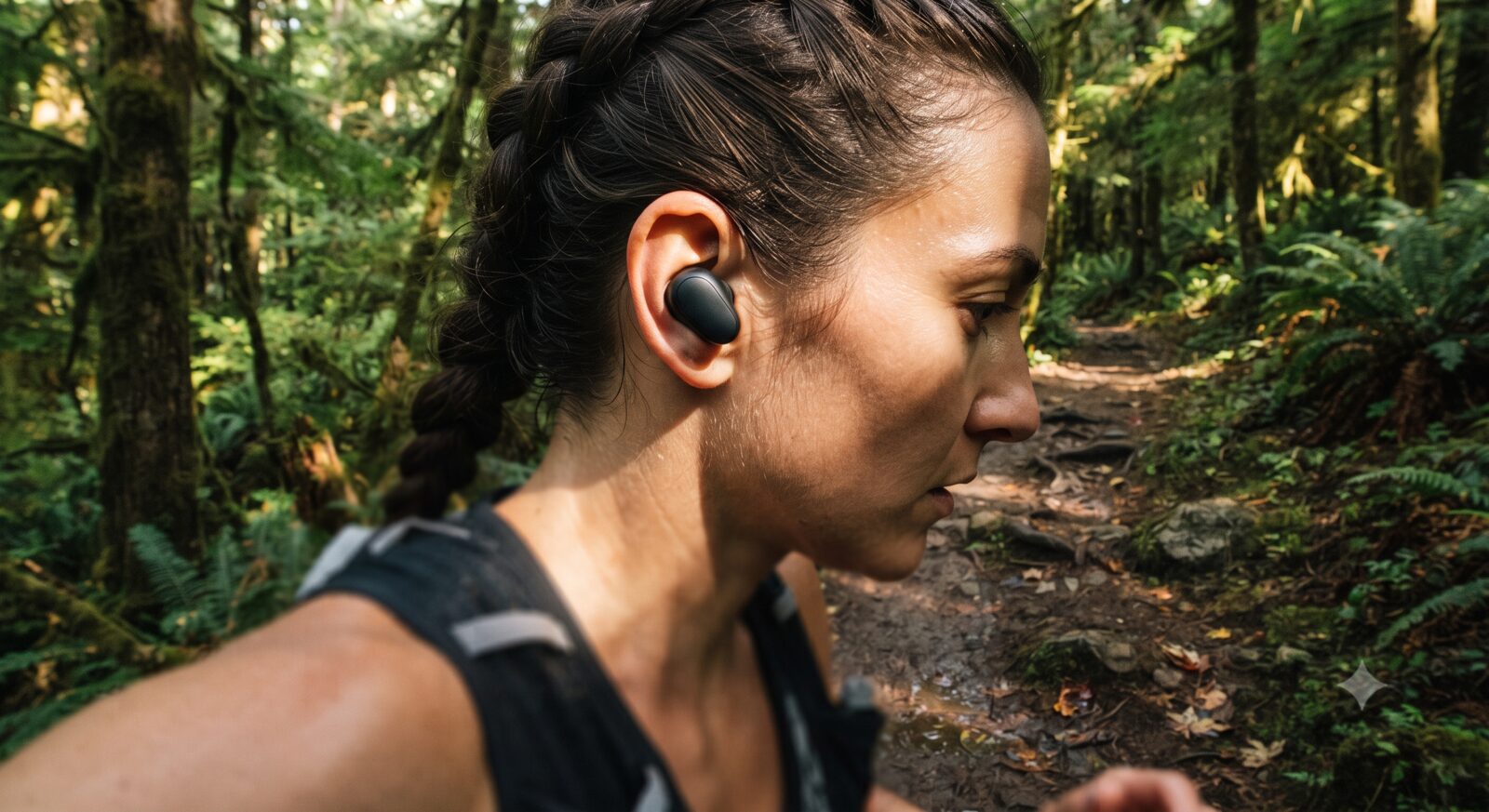 A trail runner wearing wireless earbuds running on a forested dirt trail