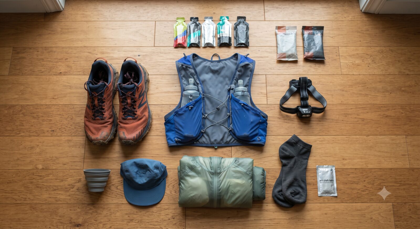 Ultrarunning race gear laid out neatly on a wood floor