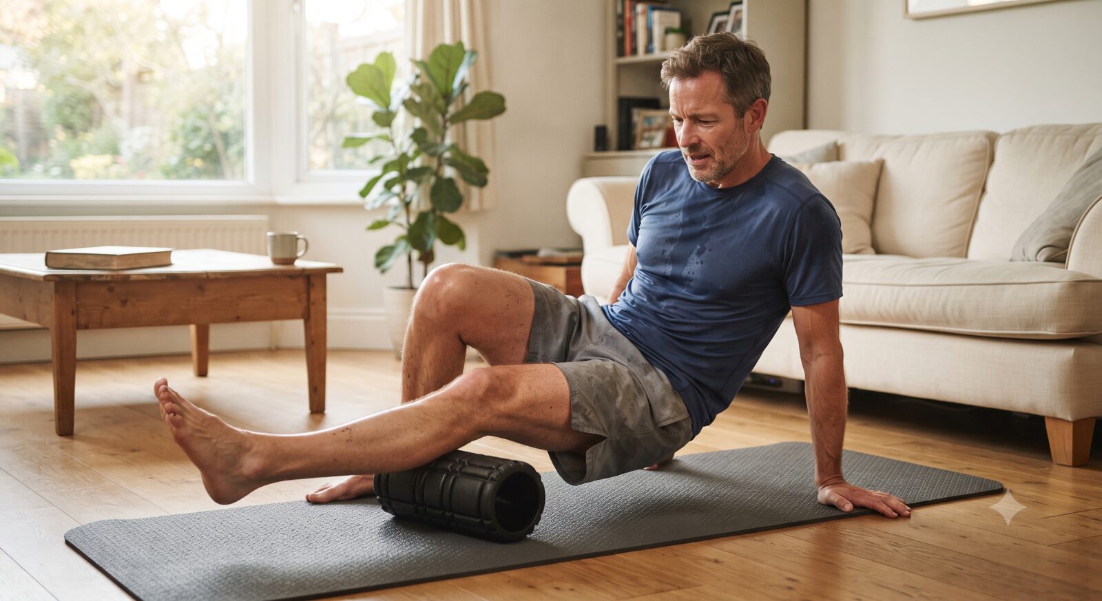 A fit man in his late 40s foam rolling his legs after a run