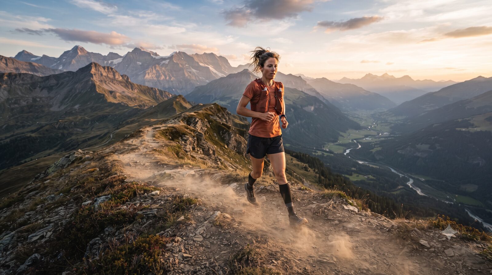 A trail runner on a remote mountain trail during a long training run at golden hour