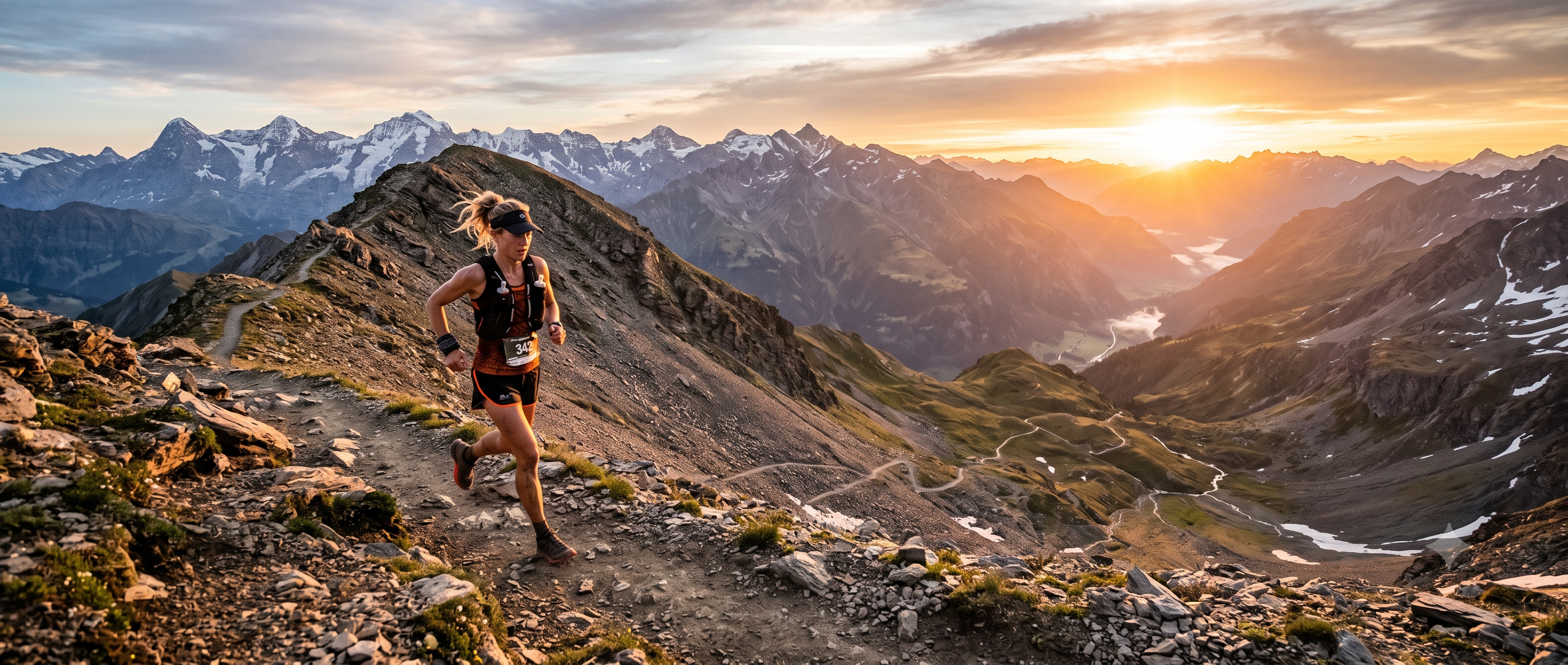 Ultramarathon trail runner on a rugged mountain trail at sunrise