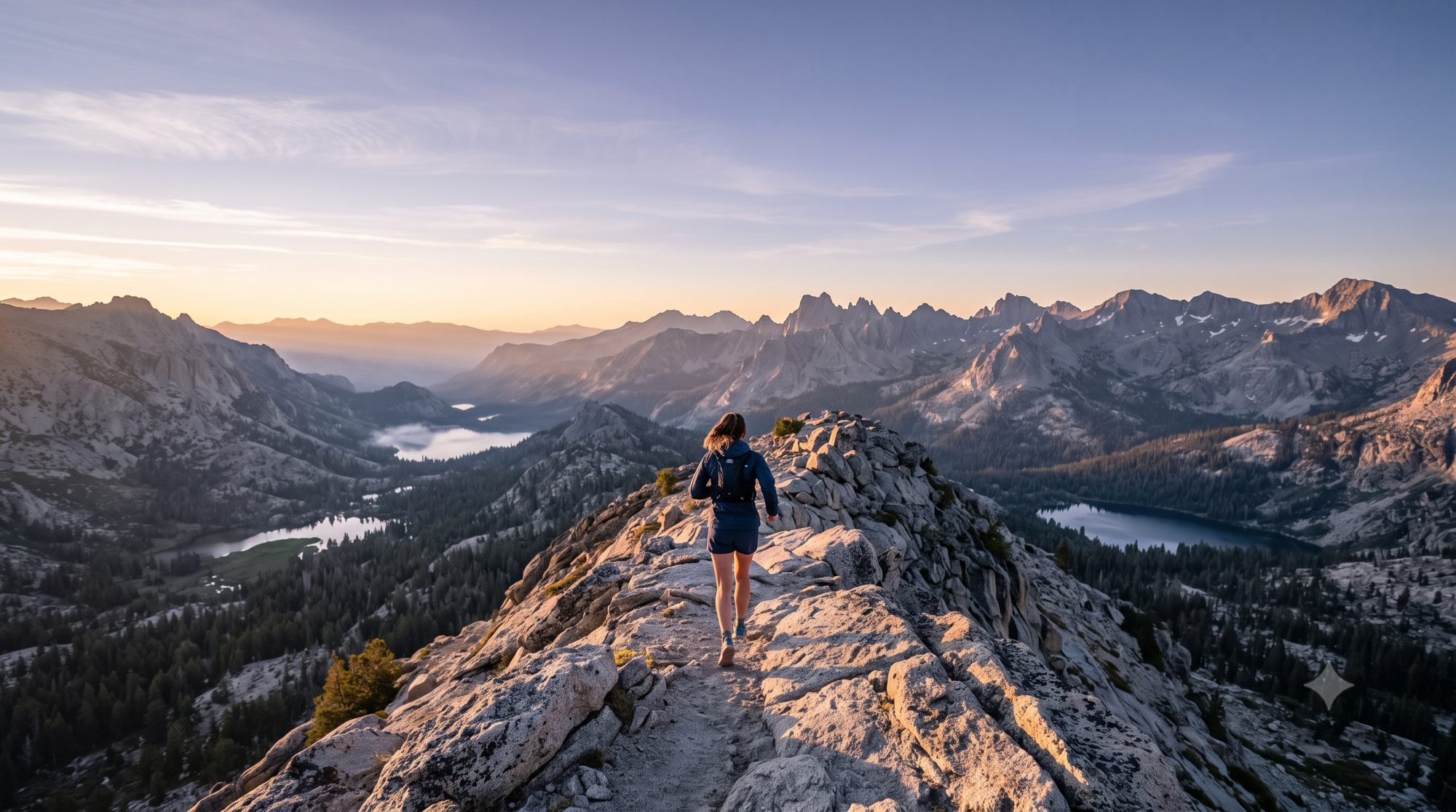 A trail runner cresting a granite ridge in the Sierra Nevada at sunrise, the Western States 100 course